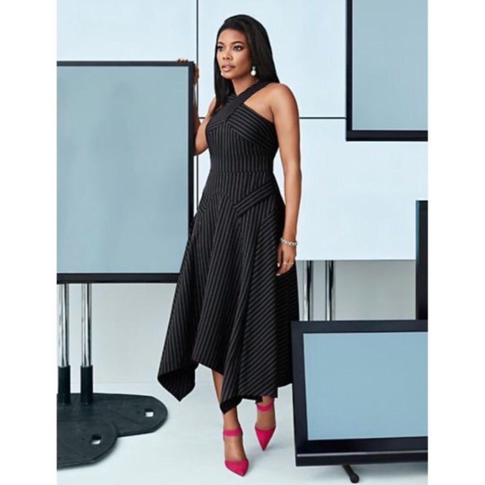 New York & Company Gabrielle Union Size 12 Black & White Pinstripe  Halter Dress